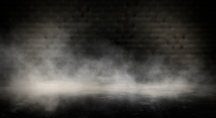 Background of an empty dark-black room. Empty brick walls, lights, smoke, glow, rays 