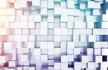 Glowing white and colorful abstract squares background pattern 3D rendering