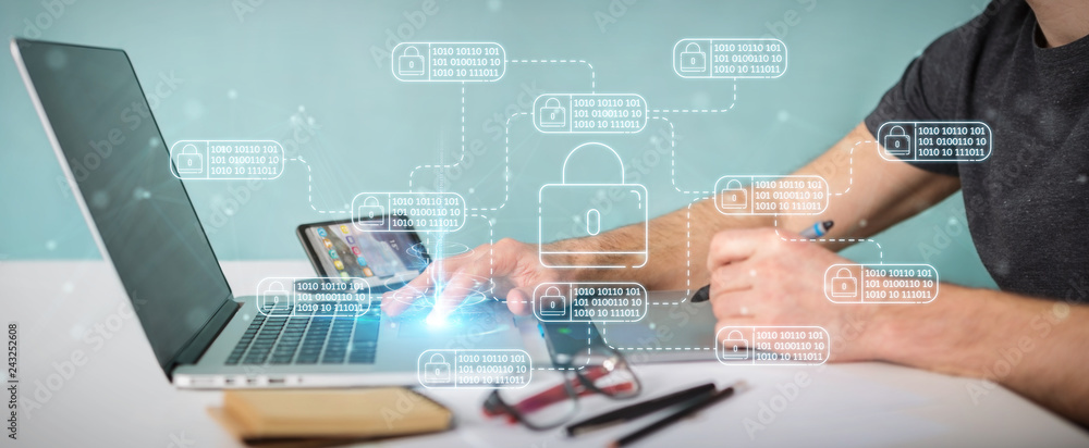 Aufkleber Graphic designer protecting his datas with thin line security interface