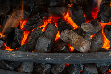 Close up of burning firewood in the fireplace.