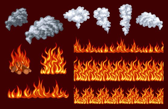 Fire vector set. Flames and smoke isolated on dark background. Bonfire. Different horizontal fire flames. Fire seamless pattern, border.  Simple flat style. 