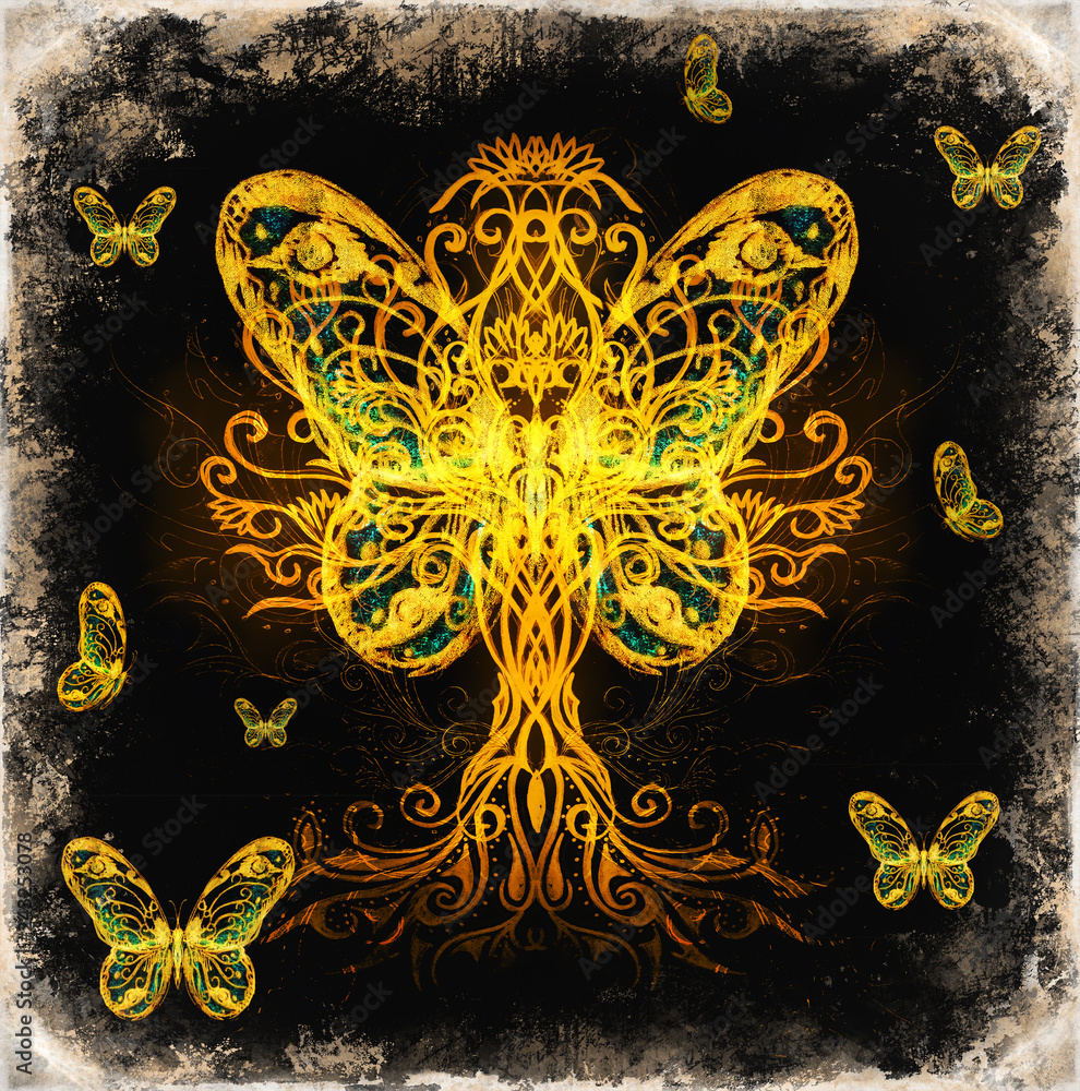 Aufkleber tree of life symbol and butterfly on structured ornamental background, yggdrasil.