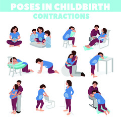 Poses in childbirth. Birth pains. Relief of labor pains. Vector illustration.