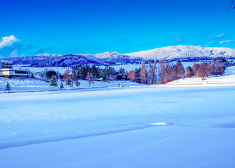 Winter lake scape with some buildings of the spa hotels on the shore, with trees, with shadows and mountains covered by forest in bright sun light