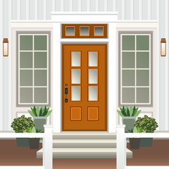 House door front with doorstep and steps porch, window, lamp, flowers in pot, building entry facade, exterior entrance design illustration vector flat style