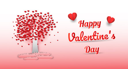 Valentine's Day Concept, Consisting of red heart trees, pink backgrounds and balloons In the form of paper art.