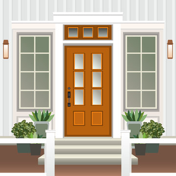 House door front with doorstep and steps porch, window, lamp, flowers in pot, building entry facade, exterior entrance design illustration vector flat style