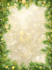 Christmas gold bokeh with tree branches frame background. EPS 10