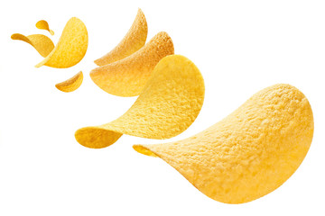 Flying potato chips, isolated on white background