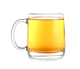 Cup of hot tea on white background
