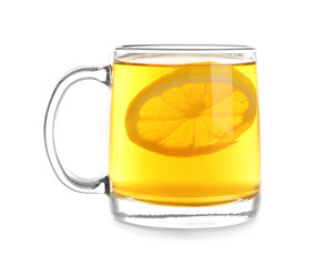 Cup of hot tea with lemon on white background