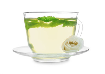 Cup of hot tea with mint on white background