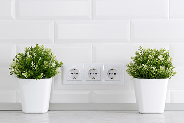 Artificial plants for decoration in the kitchen near electrical outlets.