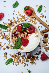 Bowl with tasty yogurt, oatmeal and berries on light background