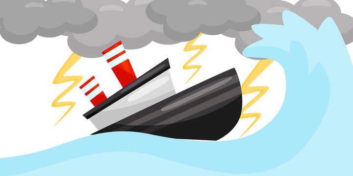 Flat vector scene with ship in strong lightning storm. Sea wave and dark gray clouds. Extreme weather. Natural disaster