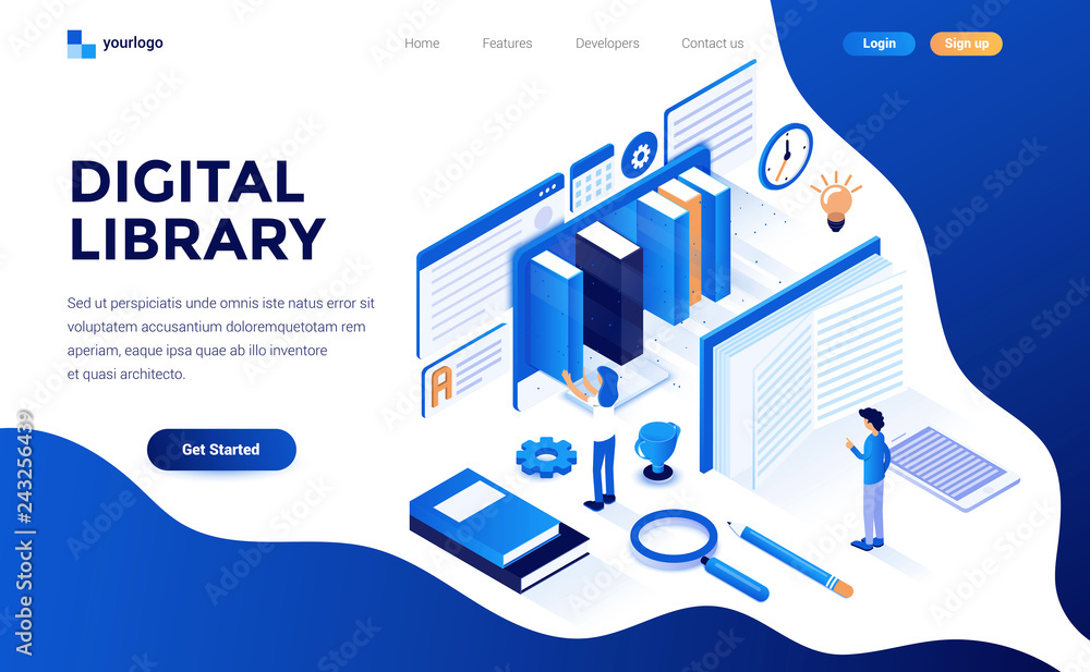 Poster modern flat design isometric concept of digital library for website and mobile website. landing page