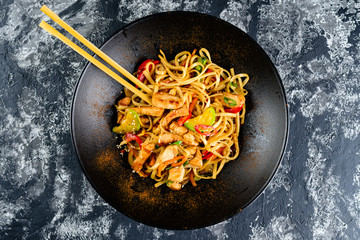 Udon noodles with vegetables, duck meet