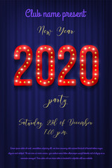 2020 New Year party flyer template. Vector retro bulb 2020 sign with announcement text on blue curtain background.