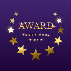 Obraz na płótnie Canvas Gold shiny award emblem with stars on purple background. Vector design element.