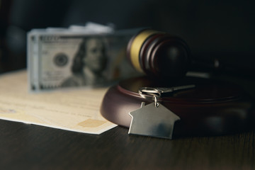 Gavel wooden and house for home buying or selling of bidding or lawyer of home real estate and...