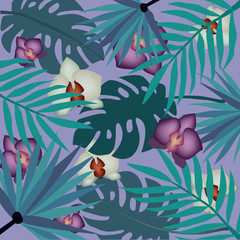 Obraz na płótnie Canvas Tropical pattern with stylized orchid leaves and flowers