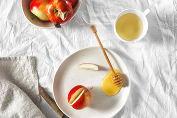 healthy breakfast Ripe juicy red apples honey rustic table top view