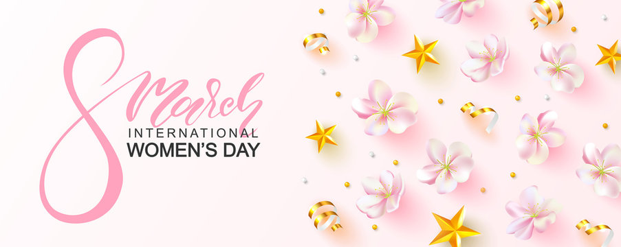 8 March Happy Women's Day banner. Beautiful Background with flowers, stars, beads and serpentine. Vector illustration for postcards,posters, coupons, promotional material.