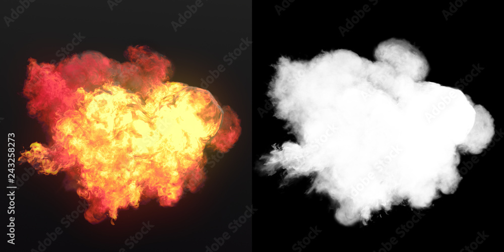 Aufkleber large explosion with black smoke in dark plus alpha channel. 3d rendering