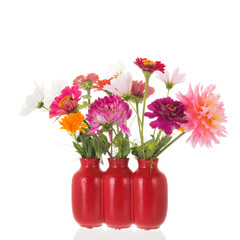 Red vase with Dahlias and Zinnias