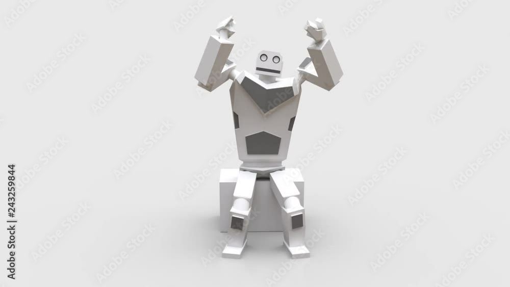 Poster modern humanoid robot sits on a cube and applauds.