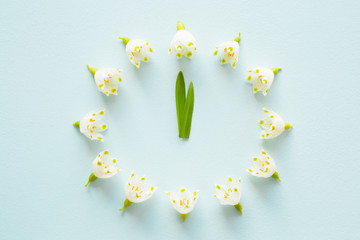 Flower clock created from fresh, beautiful, white snowdrops on pastel blue background. First...