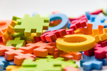 Colorful children's toys, colorful pictures of puzzle pieces on a white background