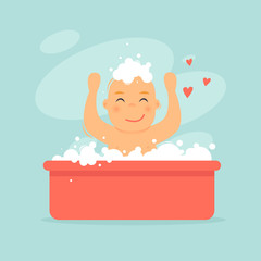 Baby is bathing in the bath. Flat design vector illustration