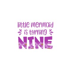 Ninth birthday for little girl with mermaid scales vector illustration.Cute word Nine with mermaid scales