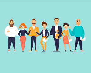 Business characters, team, about us. Flat design vector illustration