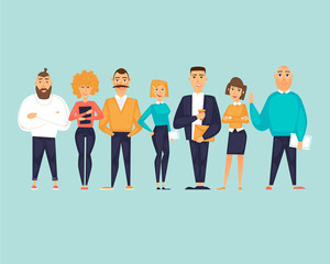 Business characters, team, about us. Flat design vector illustration