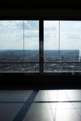Fototapeta na wymiar Modern plastic window in office with panoramic view on Prague