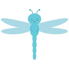 Cute cartoon dragonfly is flying. Vector picture for children. Transparent blue wings.A beautiful insect.