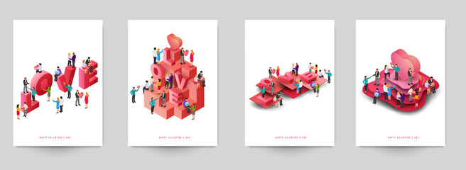 Happy valentine's day beautiful design template. Minimal composition in 3d isometric view. Set holiday background for branding greeting card, banner, cover, flyer or poster. Vector illustration. - obrazy, fototapety, plakaty