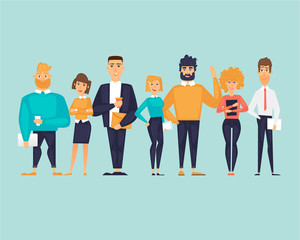 Business characters, team, about us. Flat design vector illustration