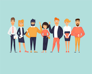 Business characters, team, about us. Flat design vector illustration