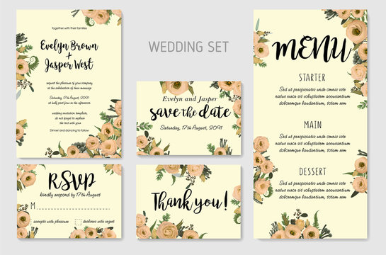 Wedding Invitation set, floral invite, thank you, rsvp card design. Eucalyptus, forest fern, herbs, eucalyptus, branches boxwood, buxus, brunia, botanical green and flowers eustoma 