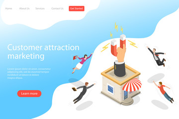 Flat isometric vector landing page template for client attracting, customer retention strategy, support and satisfaction.