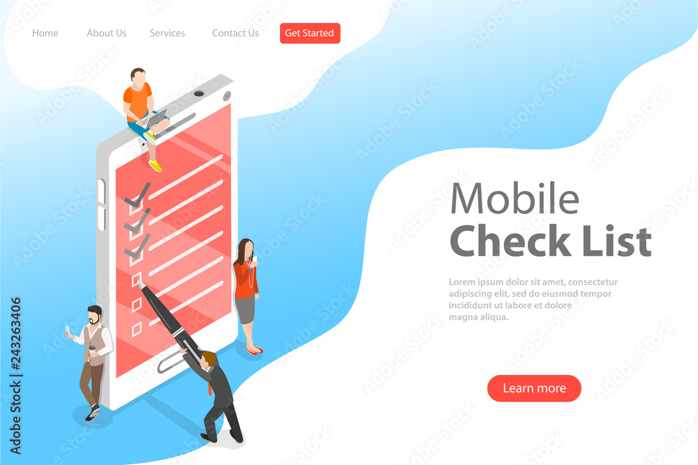 Poster isometric flat vector concept of mobile checklist, task successful completion, survey form.