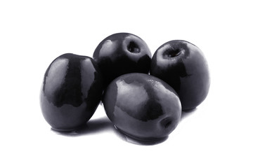 Delicious black olives, isolated on white background