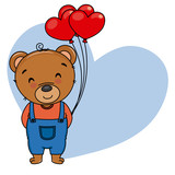 Cute bear with heart-shaped balloons. space for text