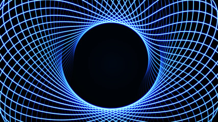 Effect of depth of round virtual tunnel. Bid Data stream visualization. Technology banner for business web presentation. Abstract science fiction futuristic background. 3D rendering.