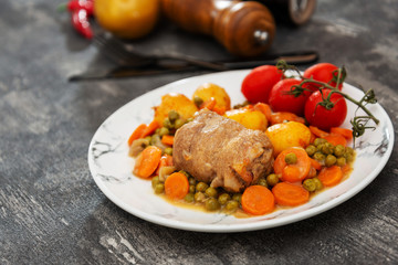 Beef meat stewed with potatoes-Traditional French cuisine Beef Bourguignon potatoes carrots in persillade
