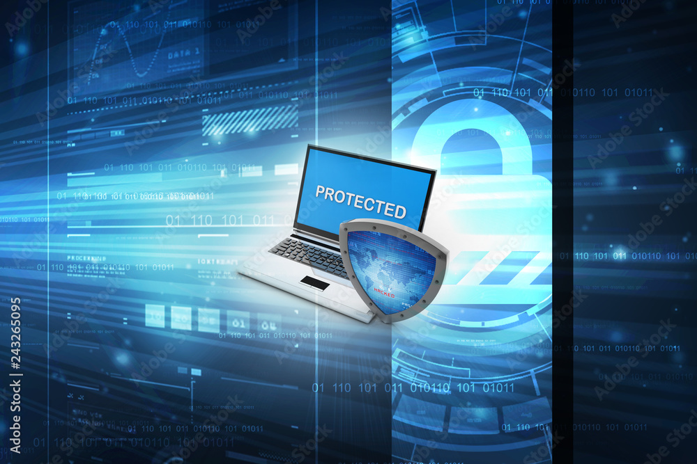 Poster laptop with shield. isolated 3d rendering image