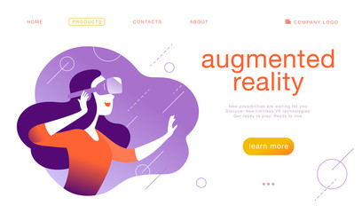 Vector landing page design template for new vr technology - woman in vr goggle headset / helmet / glasses in abstract augmented virtual reality. Flat style. Concept for web page banner, mobile app, UI